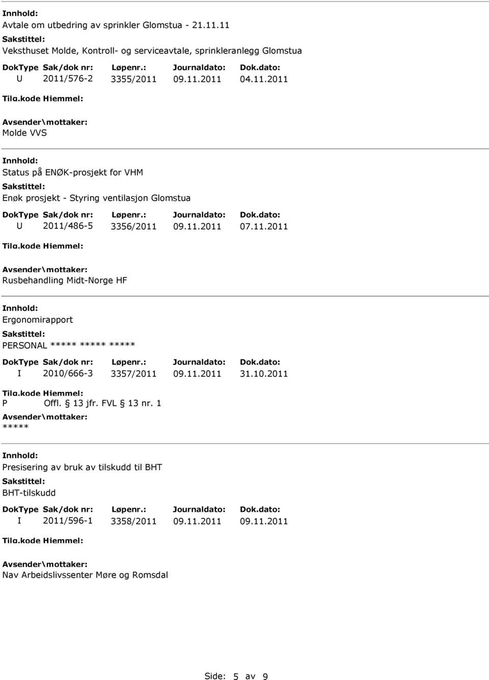 Status på ENØK-prosjekt for VHM Enøk prosjekt - Styring ventilasjon Glomstua 2011/486-5 3356/2011 Rusbehandling