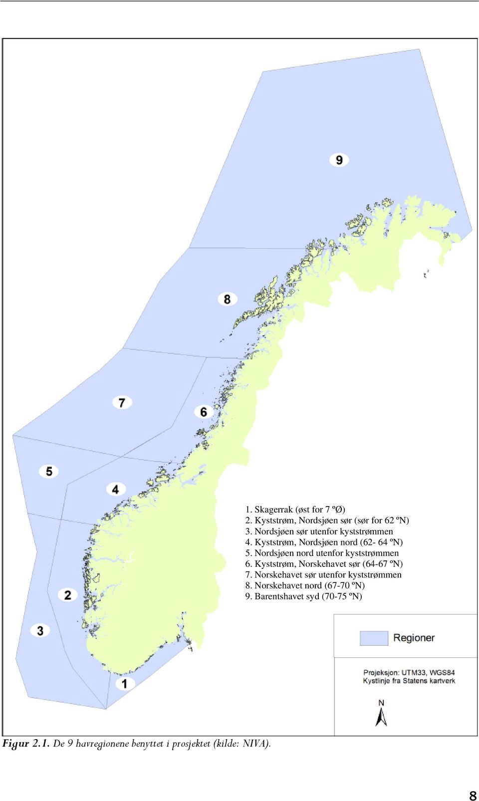 Nordsjøen nord utenfor kyststrømmen 6. Kyststrøm, Norskehavet sør (64-67 ºN) 7.