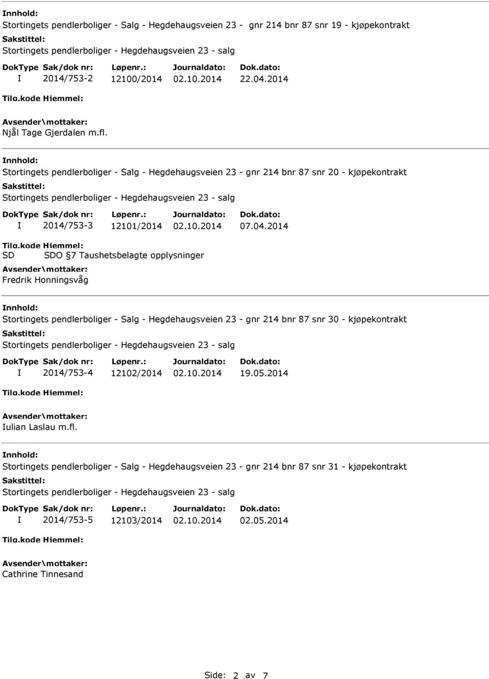 2014 O 7 Taushetsbelagte opplysninger Fredrik Honningsvåg Stortingets pendlerboliger - Salg - Hegdehaugsveien 23 - gnr 214 bnr 87 snr 30 - kjøpekontrakt