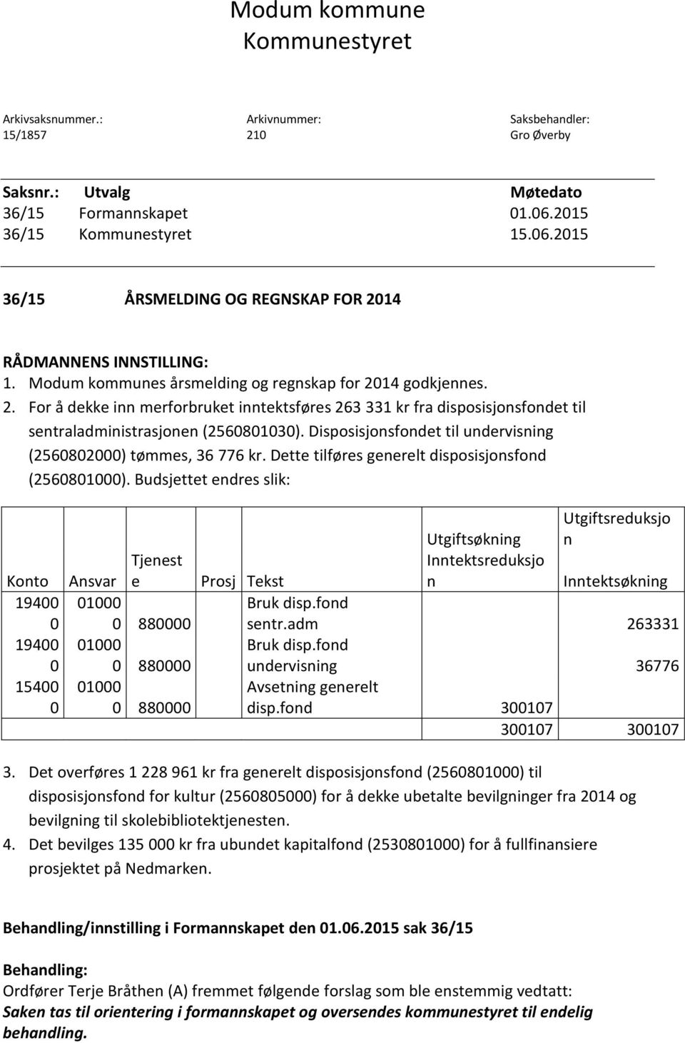 Disposisjonsfondet til undervisning (2560802000) tømmes, 36 776 kr. Dette tilføres generelt disposisjonsfond (2560801000).