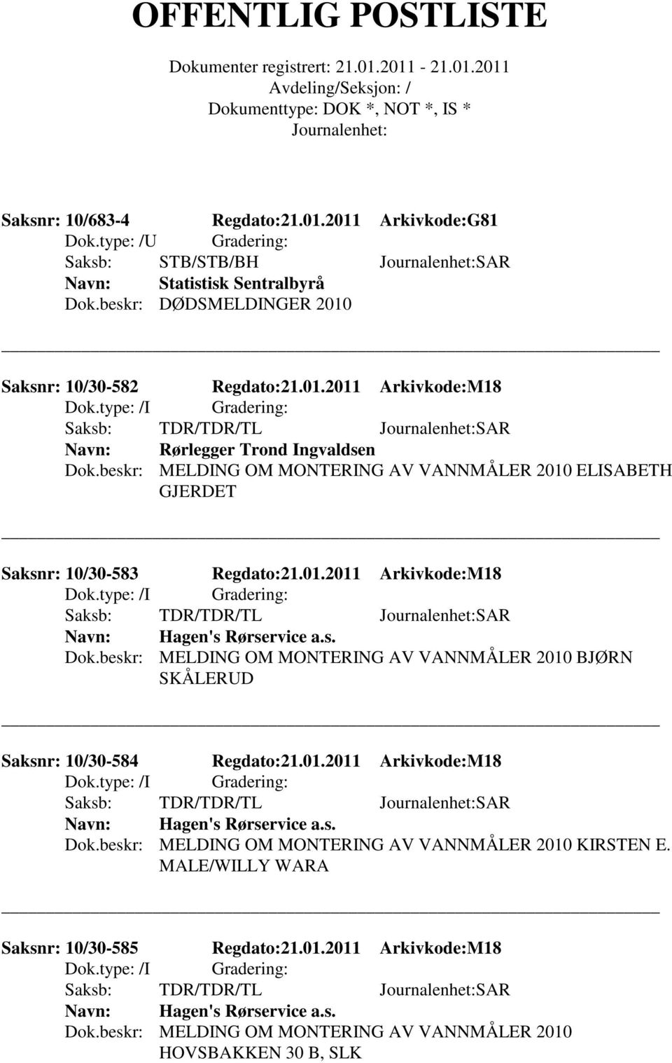 beskr: MELDING OM MONTERING AV VANNMÅLER 2010 BJØRN SKÅLERUD Saksnr: 10/30-584 Regdato:21.01.2011 Arkivkode:M18 Saksb: TDR/TDR/TL SAR Hagen's Rørservice a.s. Dok.