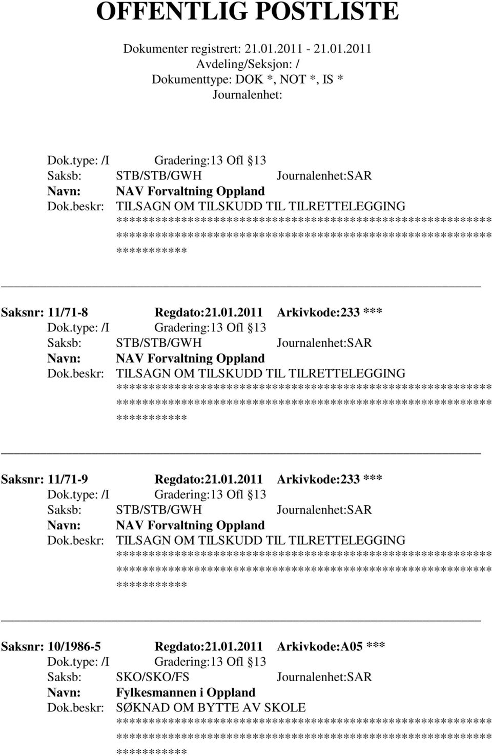 beskr: TILSAGN OM TILSKUDD TIL TILRETTELEGGING Saksnr: 11/71-9 Regdato:21.01.