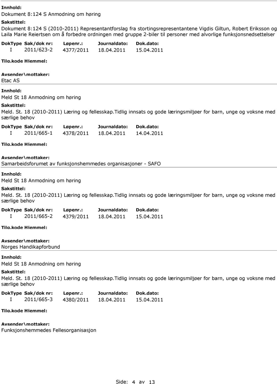 tidlig innsats og gode læringsmiljøer for barn, unge og voksne med særlige behov 2011/665-1 4378/2011 Samarbeidsforumet av funksjonshemmedes organisasjoner - SAFO Meld St 18 Anmodning om høring Meld.