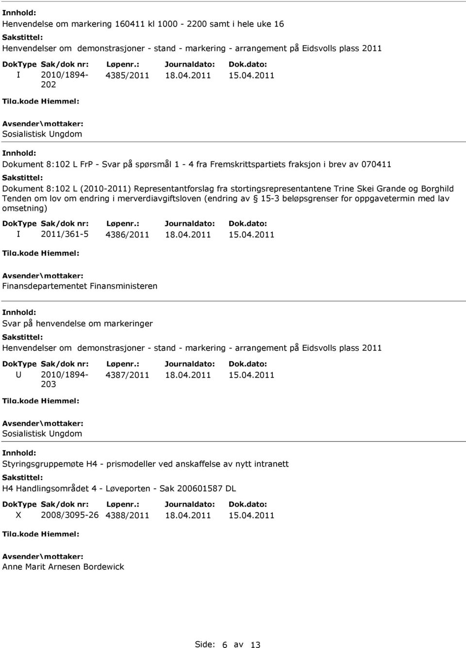 Borghild Tenden om lov om endring i merverdiavgiftsloven (endring av 15-3 beløpsgrenser for oppgavetermin med lav omsetning) 2011/361-5 4386/2011 Finansdepartementet Finansministeren Svar på