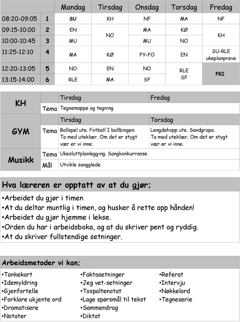 Sangkonkurranse Utvikle sangglede Fredag Torsdag Lengdehopp ute. Sandgropa. Ta med uteklær. Om det er stygt vær er vi inne.