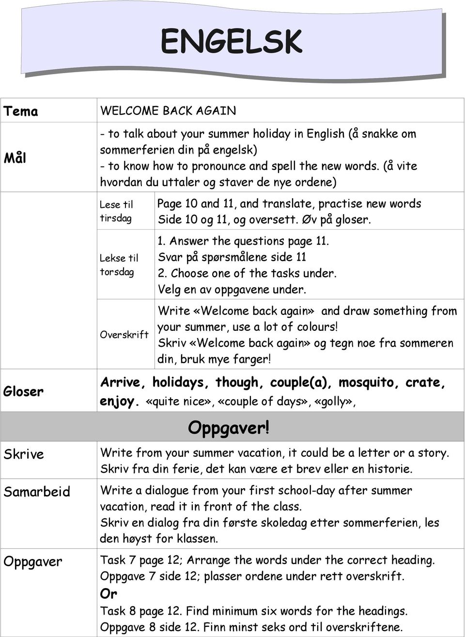 Svar på spørsmålene side 11 2. Choose one of the tasks under. Velg en av oppgavene under. Write «Welcome back again» and draw something from your summer, use a lot of colours!