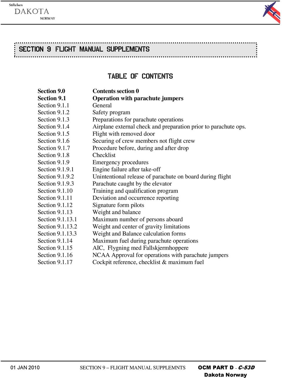 1.8 Checklist Section 9.1.9 Emergency procedures Section 9.1.9.1 Engine failure after take-off Section 9.1.9.2 Unintentional release of parachute on board during flight Section 9.1.9.3 Parachute caught by the elevator Section 9.