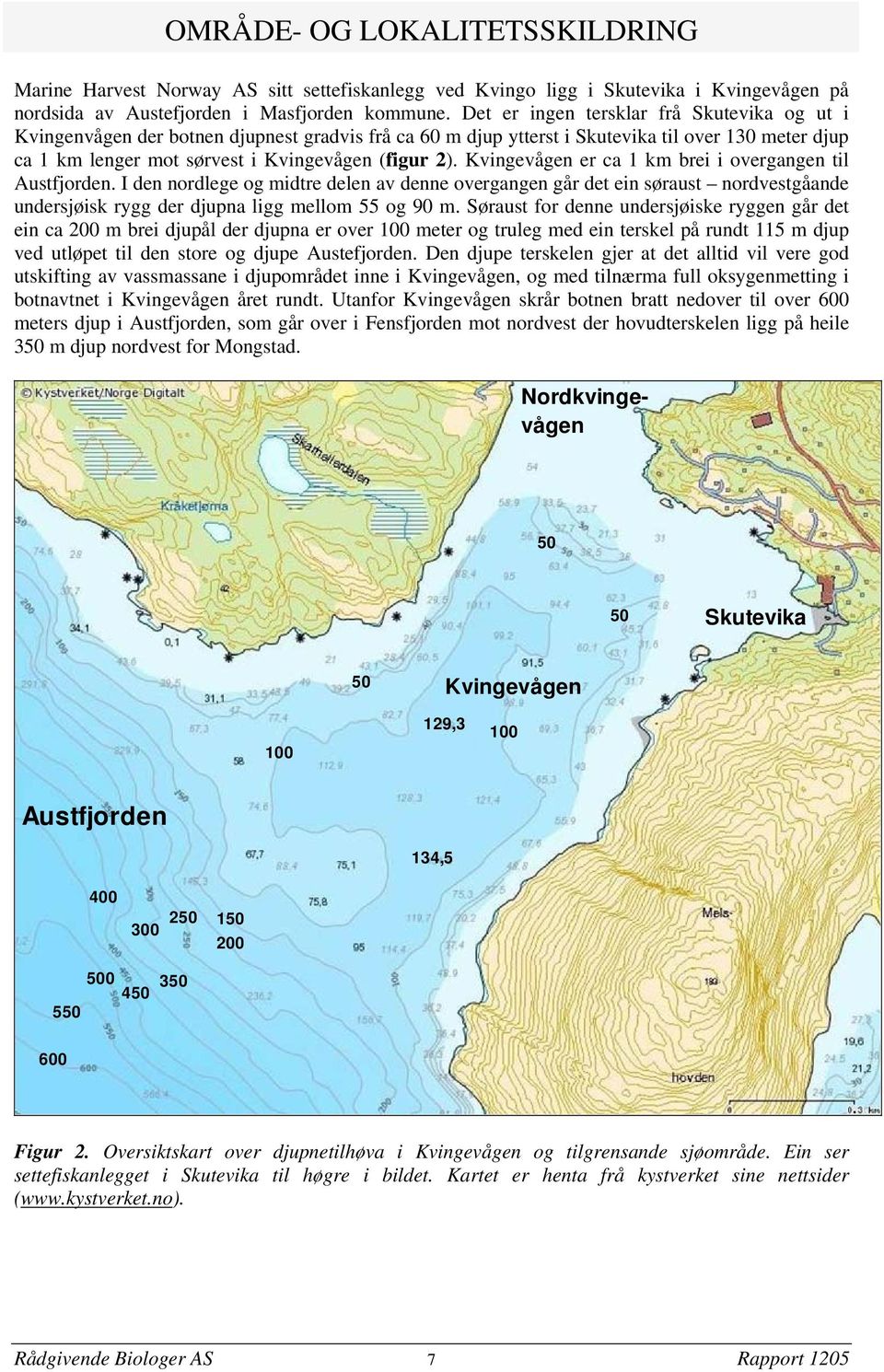 Kvingevågen er ca 1 km brei i overgangen til Austfjorden. I den nordlege og midtre delen av denne overgangen går det ein søraust nordvestgåande undersjøisk rygg der djupna ligg mellom 55 og 90 m.