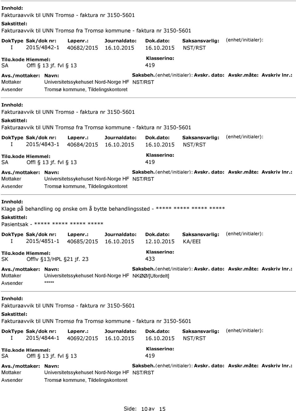 Nord-Norge HF Tromsø kommune, Tildelingskontoret Klage på behandling og ønske om å bytte behandlingssted - ***** ***** ***** ***** ***** 2015/4851-1 40685/2015 12.10.