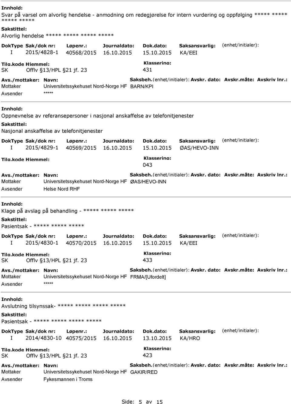 ØAS/HEVO-NN 043 Mottaker niversitetssykehuset Nord-Norge HF ØAS/HEVO-NN Helse Nord RHF Klage på avslag på behandling - ***** ***** ***** 2015/4830-1 40570/2015 KA/EE 433 Mottaker niversitetssykehuset