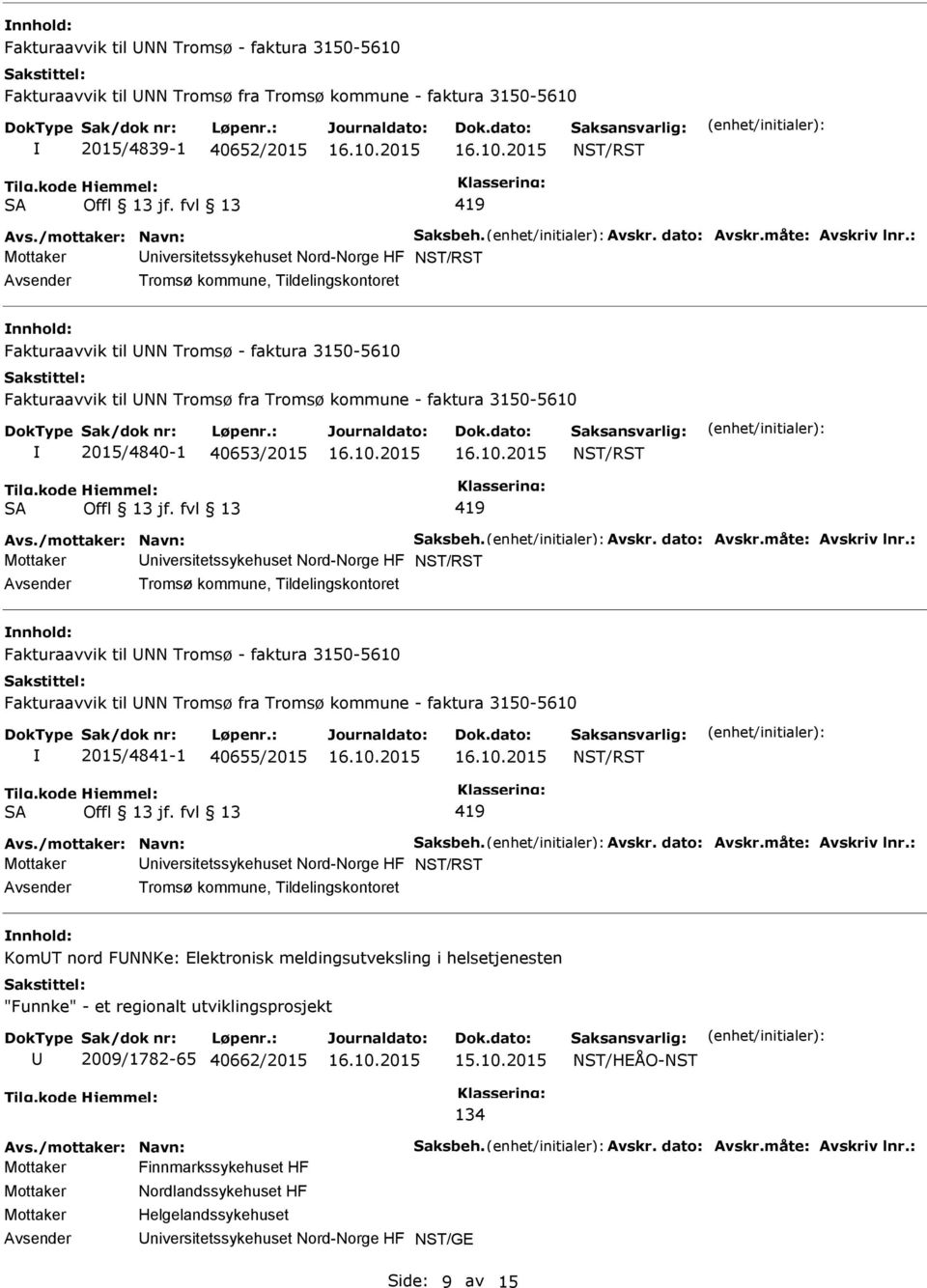 Tromsø kommune, Tildelingskontoret Fakturaavvik til NN Tromsø - faktura 3150-5610 Fakturaavvik til NN Tromsø fra Tromsø kommune - faktura 3150-5610 2015/4841-1 40655/2015 Mottaker