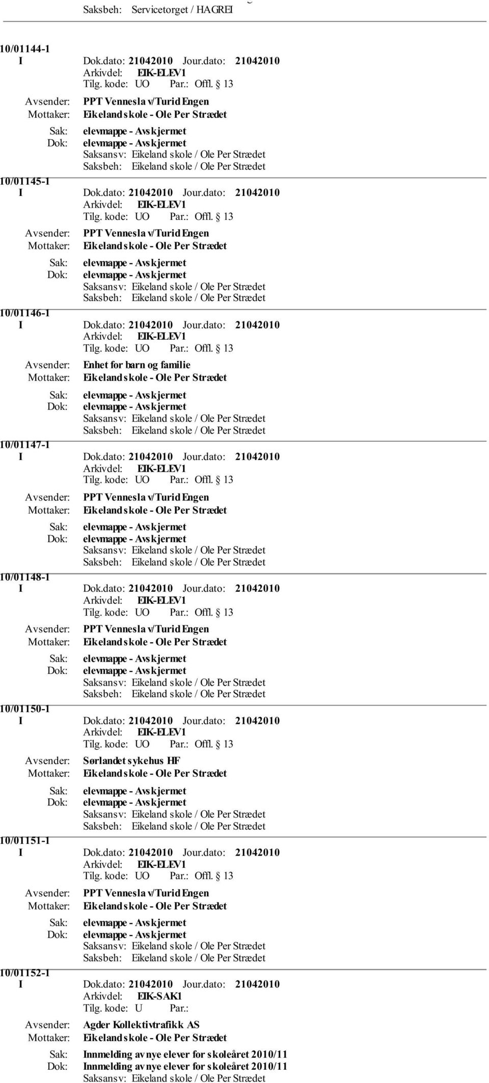 dato: Jour.dato: PPT Vennesla v/turid Engen Eikeland skole - Ole Per Strædet 10/01150-1 I Dok.dato: Jour.dato: Sørlandet sykehus HF Eikeland skole - Ole Per Strædet 10/01151-1 I Dok.dato: Jour.dato: PPT Vennesla v/turid Engen Eikeland skole - Ole Per Strædet 10/01152-1 I Dok.