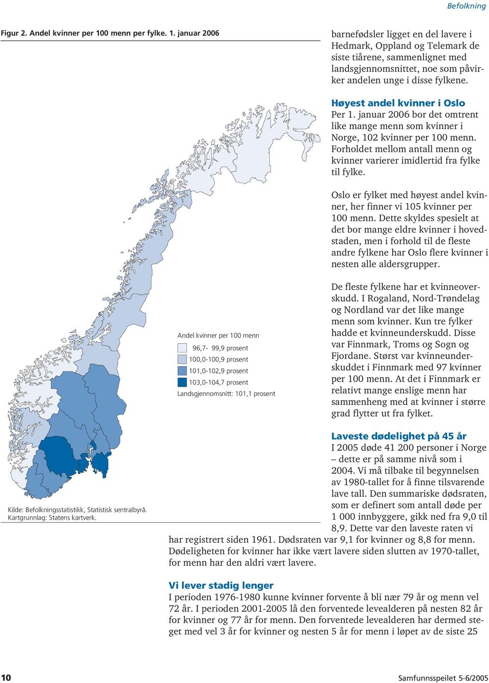Høyest andel kvinner i Oslo Per 1. januar 2006 bor det omtrent like mange menn som kvinner i Norge, 102 kvinner per 100 menn.