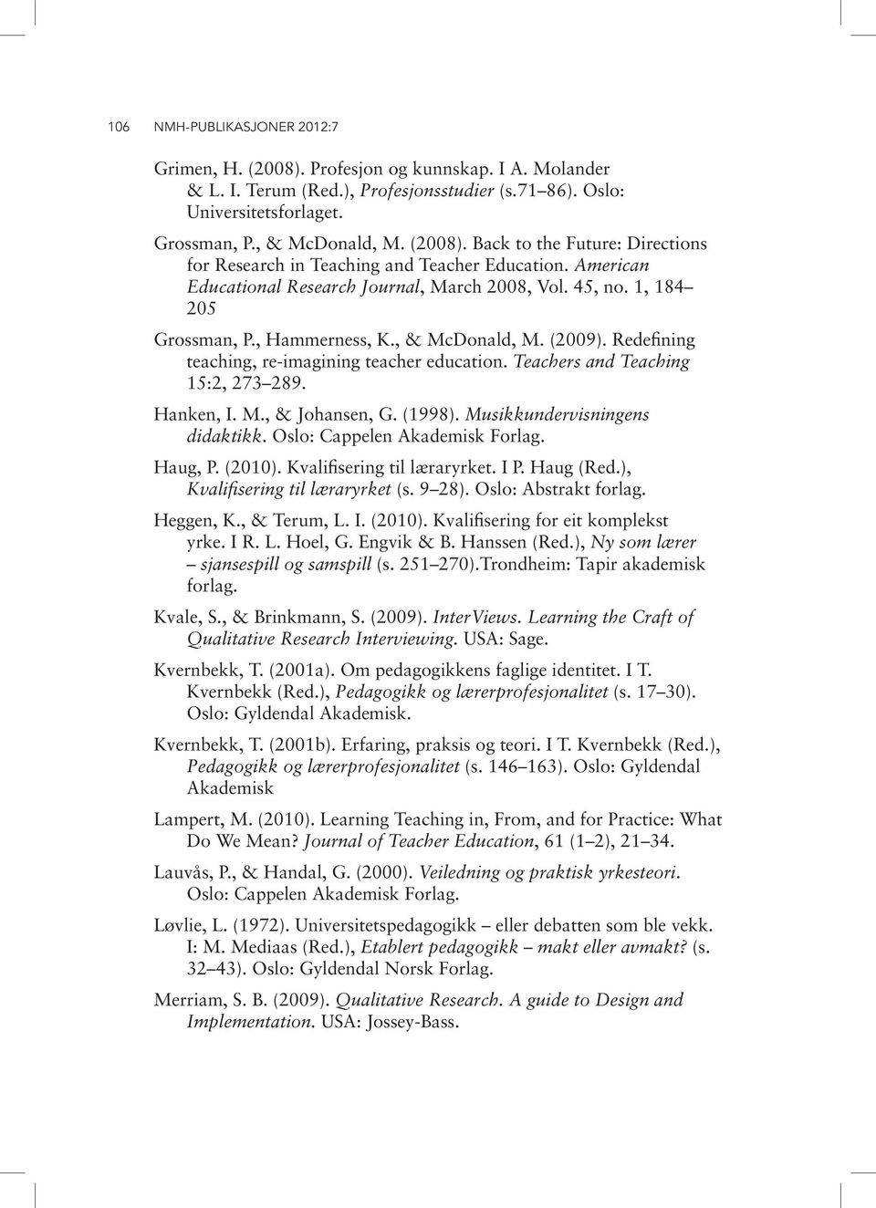 Teachers and Teaching 15:2, 273 289. Hanken, I. M., & Johansen, G. (1998). Musikkundervisningens didaktikk. Oslo: Cappelen Akademisk Forlag. Haug, P. (2010). Kvalifisering til læraryrket. I P.