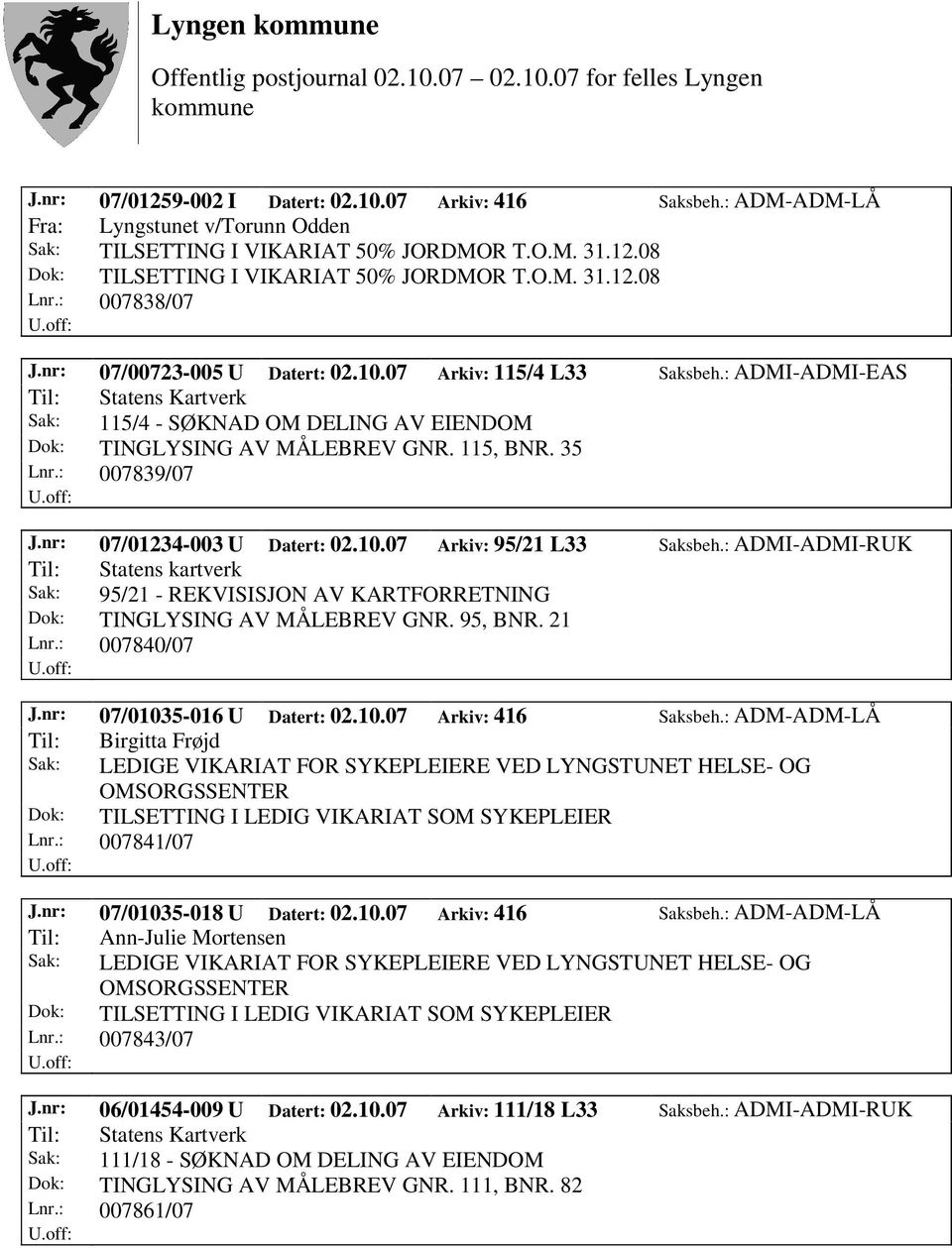 nr: 07/01234-003 U Datert: 02.10.07 Arkiv: 95/21 L33 Saksbeh.: ADMI-ADMI-RUK Til: Statens kartverk Sak: 95/21 - REKVISISJON AV KARTFORRETNING Dok: TINGLYSING AV MÅLEBREV GNR. 95, BNR. 21 Lnr.