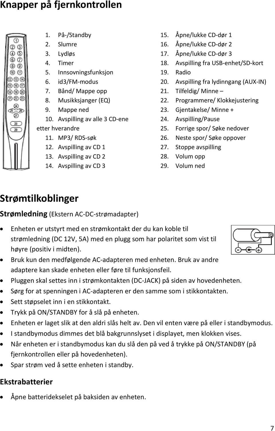 Åpne/lukke CD dør 3 18. Avspilling fra USB enhet/sd kort 19. Radio 20. Avspilling fra lydinngang (AUX IN) 21. Tilfeldig/ Minne 22. Programmere/ Klokkejustering 23. Gjentakelse/ Minne + 24.