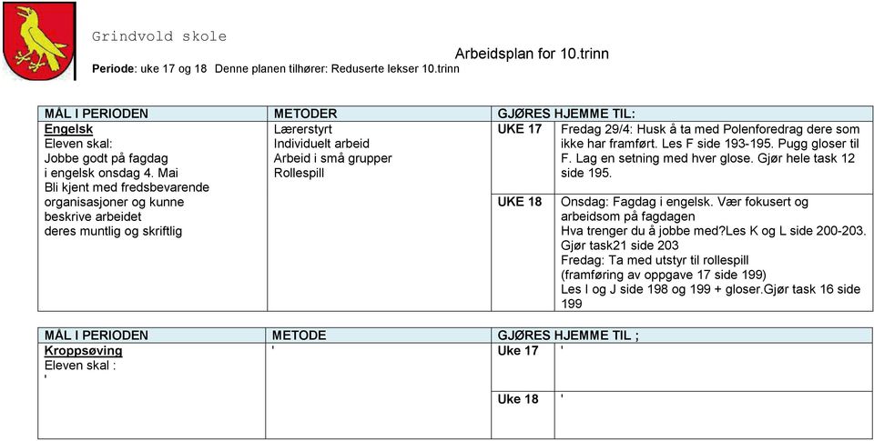 som ikke har framført. Les F side 193-195. Pugg gloser til F. Lag en setning med hver glose. Gjør hele task 12 side 195. Onsdag: Fagdag i engelsk.