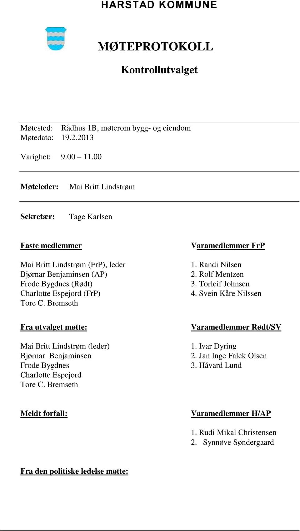 C. Bremseth Varamedlemmer FrP 1. Randi Nilsen 2. Rolf Mentzen 3. Torleif Johnsen 4.