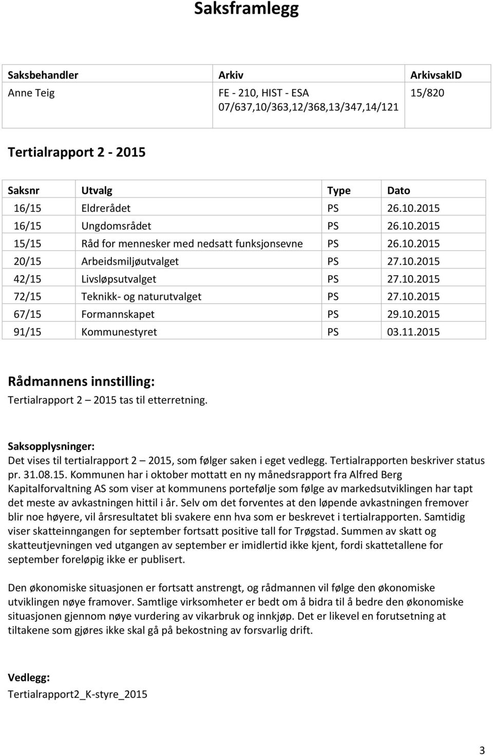 10.2015 91/15 Kommunestyret PS 03.11.2015 Rådmannens innstilling: Tertialrapport 2 2015 tas til etterretning. Saksopplysninger: Det vises til tertialrapport 2 2015, som følger saken i eget vedlegg.