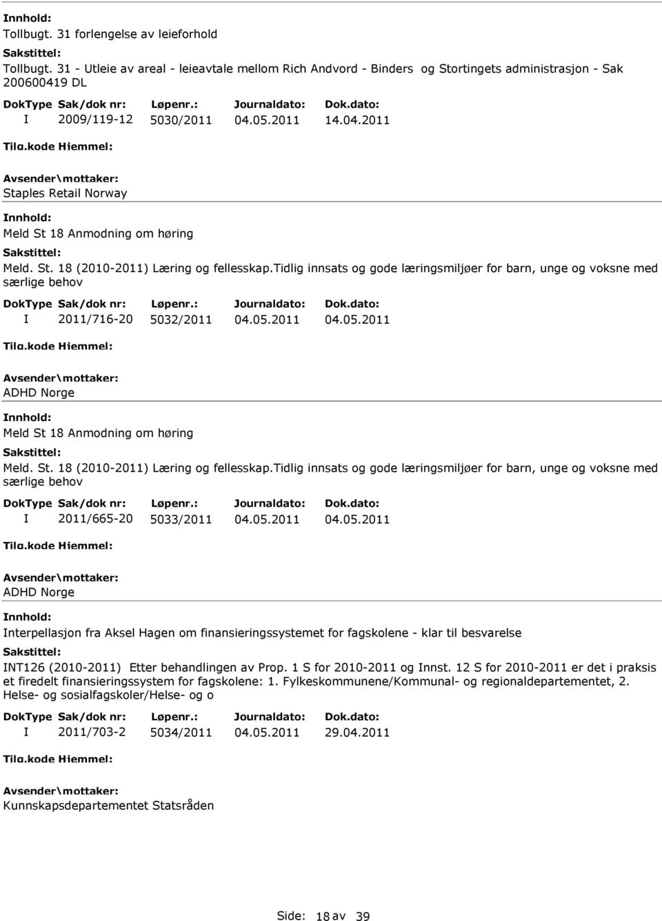 tidlig innsats og gode læringsmiljøer for barn, unge og voksne med særlige behov 2011/716-20 5032/2011 ADHD Norge nnhold: Meld St 18 Anmodning om høring Meld. St. 18 (2010-2011) Læring og fellesskap.