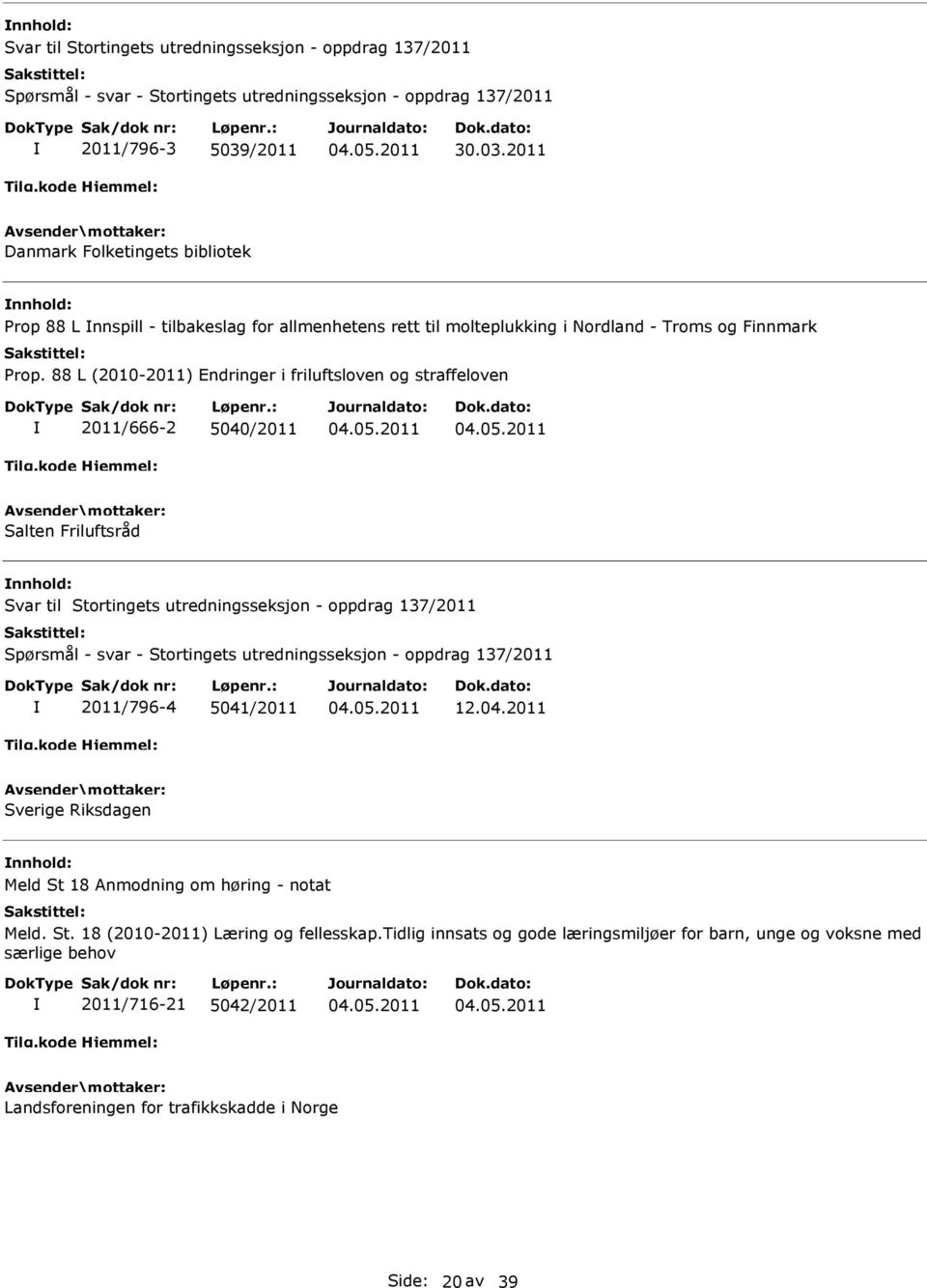 88 L (2010-2011) Endringer i friluftsloven og straffeloven 2011/666-2 5040/2011 Salten Friluftsråd nnhold: Svar til Stortingets utredningsseksjon - oppdrag 137/2011 Spørsmål - svar - Stortingets