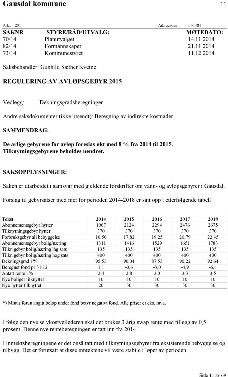 gebyrene for avløp foreslås økt med 8 % fra 2014 til 2015. Tilknytningsgebyrene beholdes uendret.