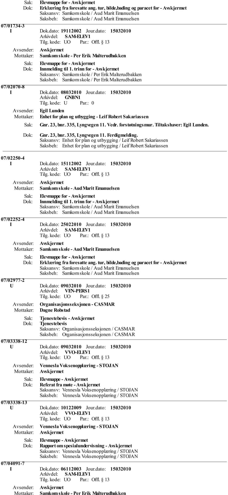 dato: 0 Egil Lunden Enhet for plan og utbygging - Leif Robert Sakariassen Gnr. 23, bnr. 335, Lyngvegen 11. Vedr. forstøtningsmur. Tiltakshaver: Egil Lunden. Gnr. 23, bnr. 335, Lyngvegen 11. Ferdigmelding.