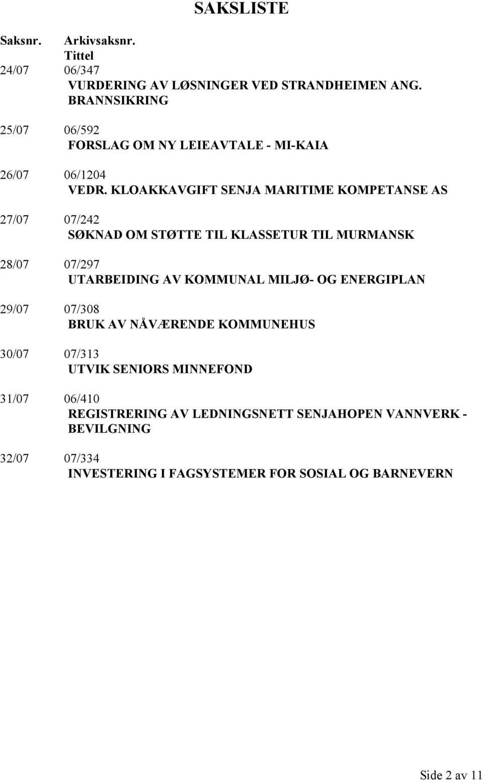 KLOAKKAVGIFT SENJA MARITIME KOMPETANSE AS 27/07 07/242 SØKNAD OM STØTTE TIL KLASSETUR TIL MURMANSK 28/07 07/297 UTARBEIDING AV KOMMUNAL