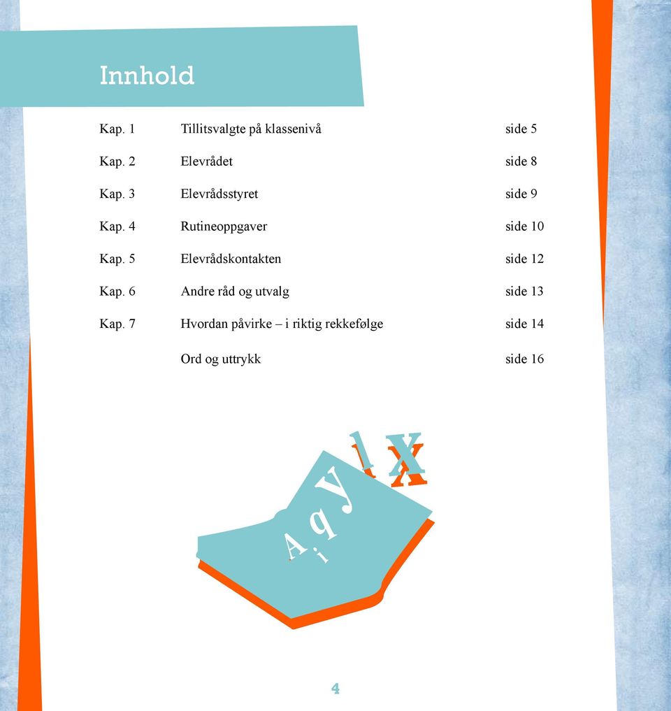 4 Rutineoppgaver side 10 Kap. 5 Elevrådskontakten side 12 Kap.