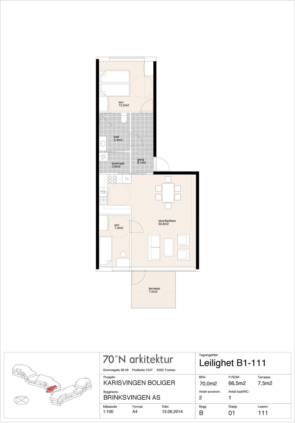 Leilighet B1-111 70,0m2 66,5m2 7,5m2