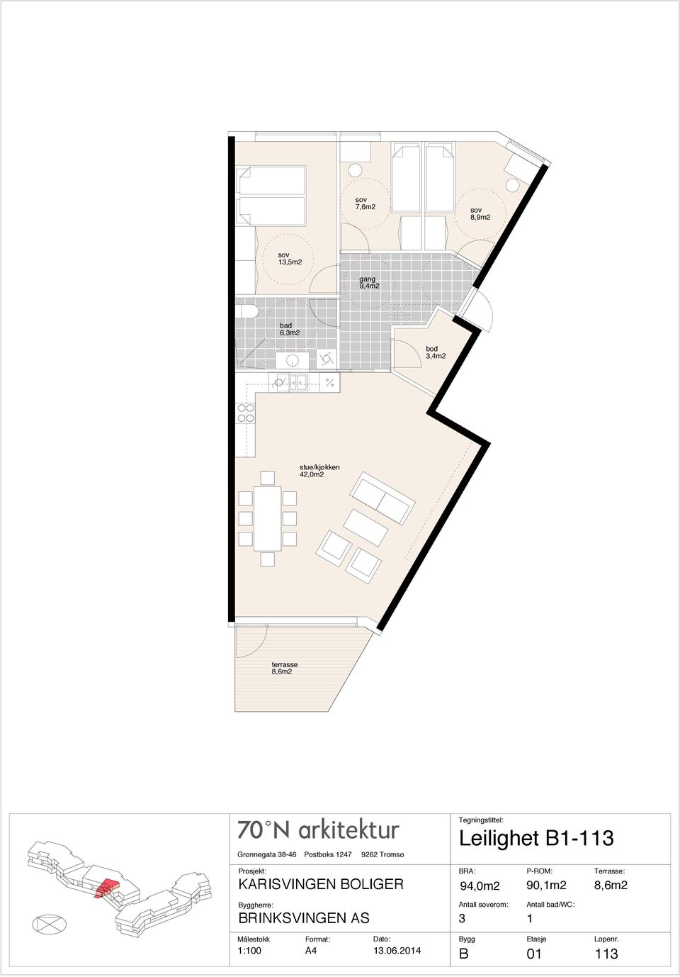 7,5m2 herre: Leilighet B1-113 94,0m2 90,1m2