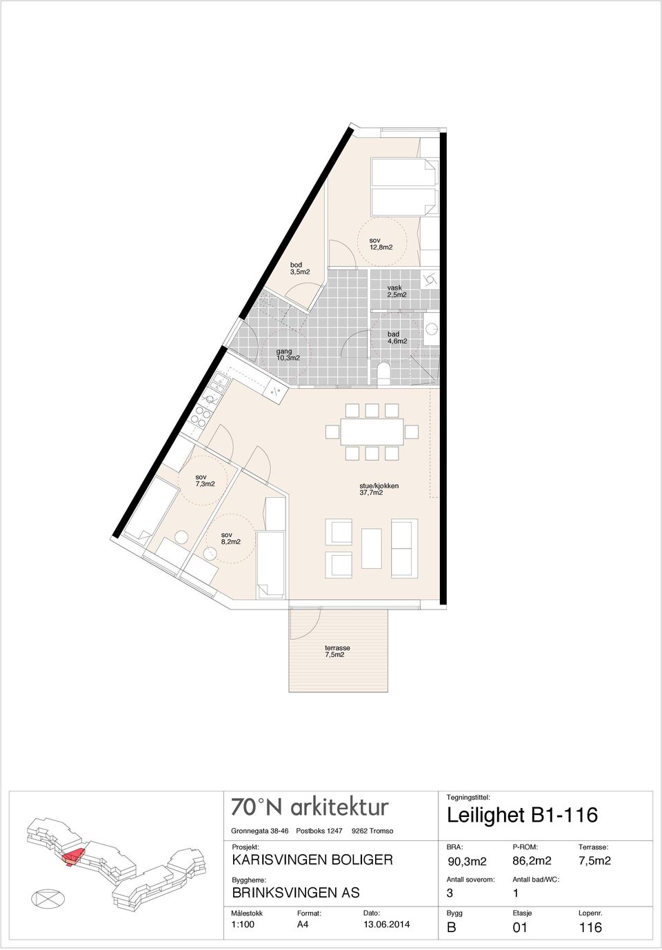 8,2m2 7,5m2 herre: Leilighet B1-116 90,3m2