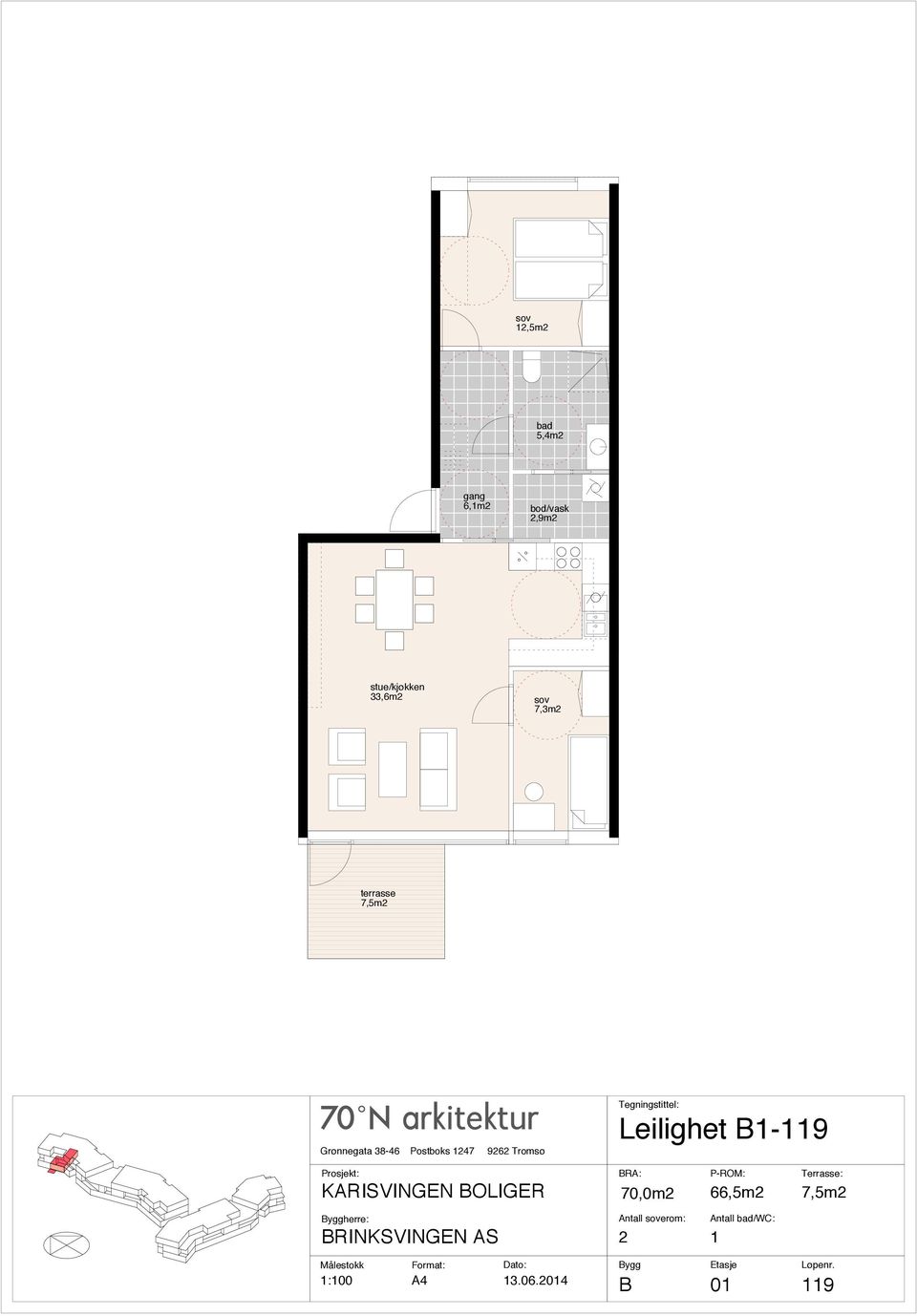 Leilighet B1-119 70,0m2 66,5m2 7,5m2