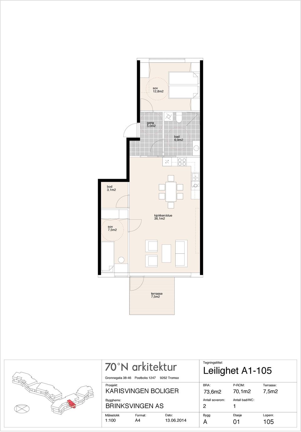 herre: Leilighet A1-105 73,6m2 70,1m2