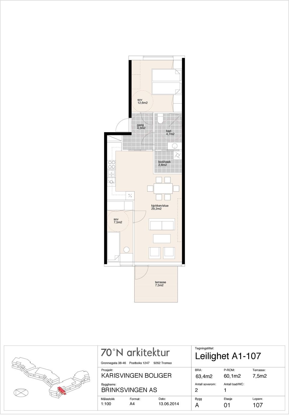 herre: Leilighet A1-107 63,4m2 60,1m2