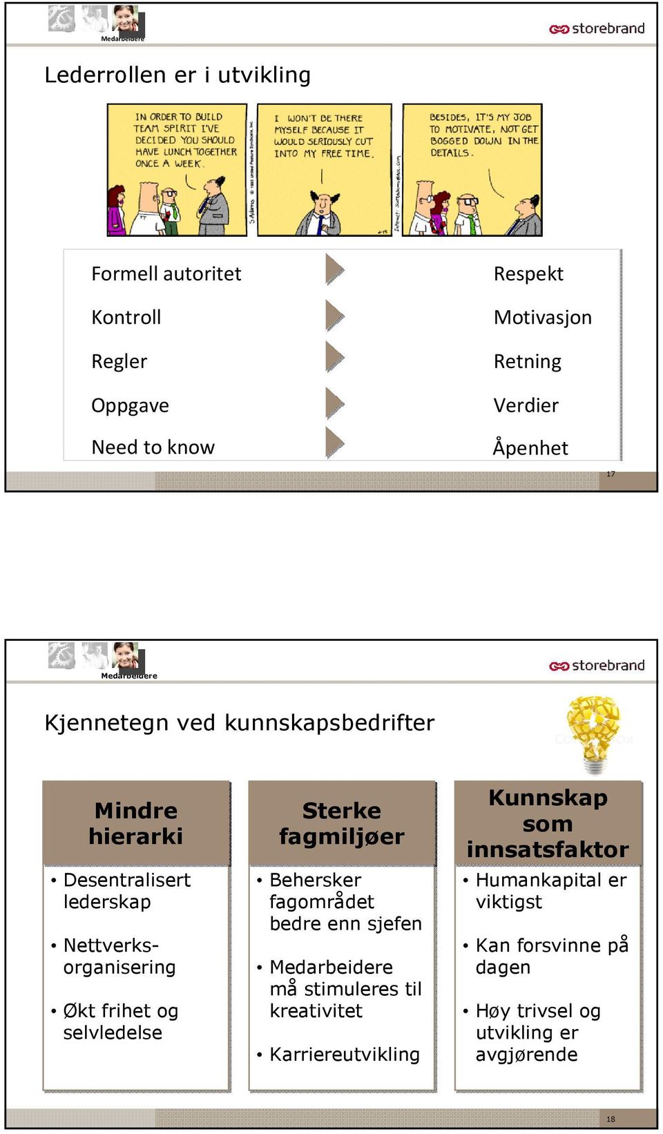 Nettverksorganisering Økt frihet og selvledelse Sterke fagmiljøer Behersker fagområdet bedre enn sjefen Medarbeidere må