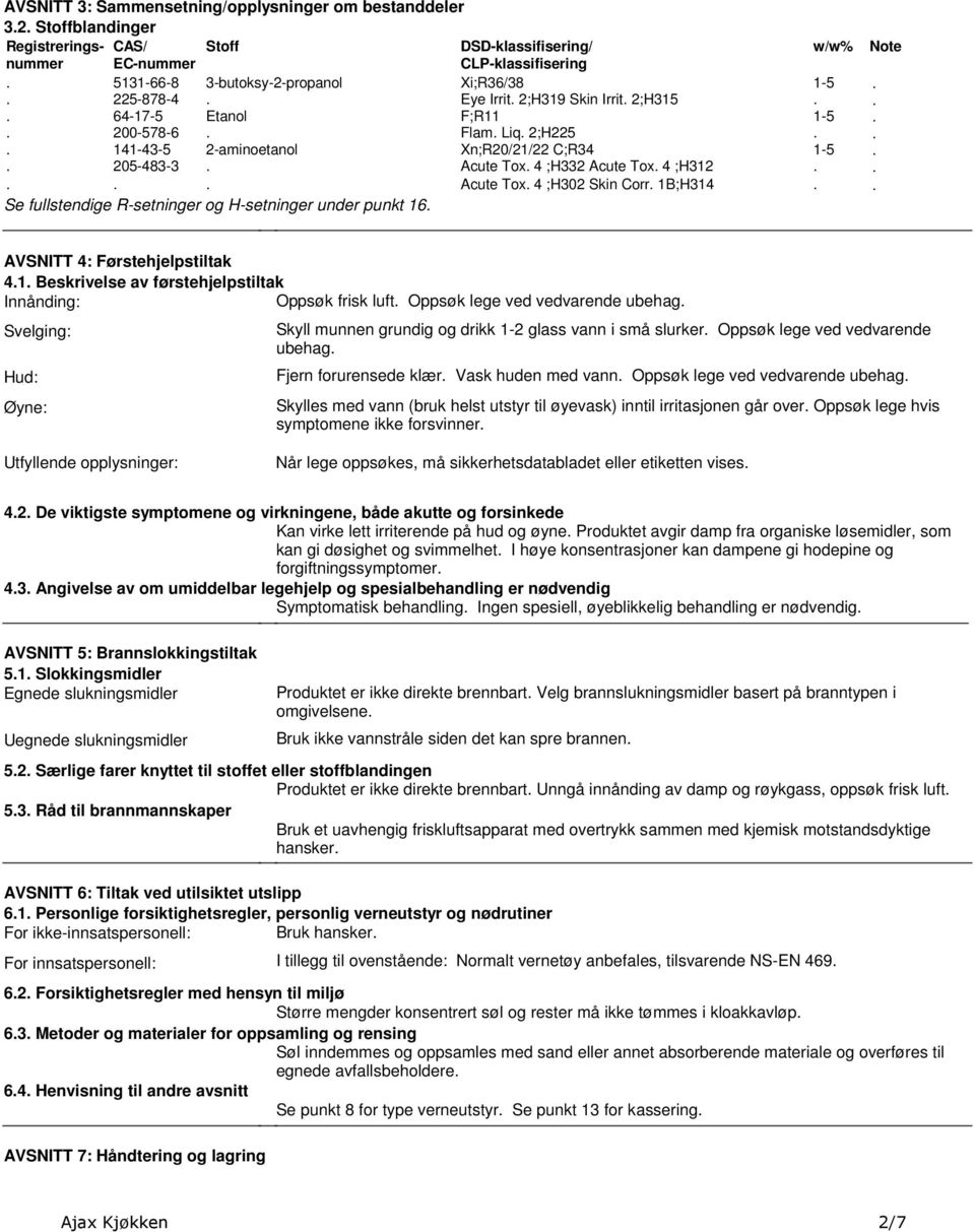 Skin Corr 1B;H314 Se fullstendige R-setninger og H-setninger under punkt 16 w/w% 1-5 1-5 1-5 Note AVSNITT 4: Førstehjelpstiltak 41 Beskrivelse av førstehjelpstiltak Innånding: Oppsøk frisk luft