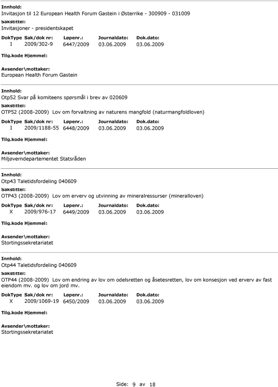 Statsråden Otp43 Taletidsfordeling 040609 OTP43 (2008-2009) Lov om erverv og utvinning av mineralressurser (mineralloven) 2009/976-17 6449/2009 Otp44 Taletidsfordeling