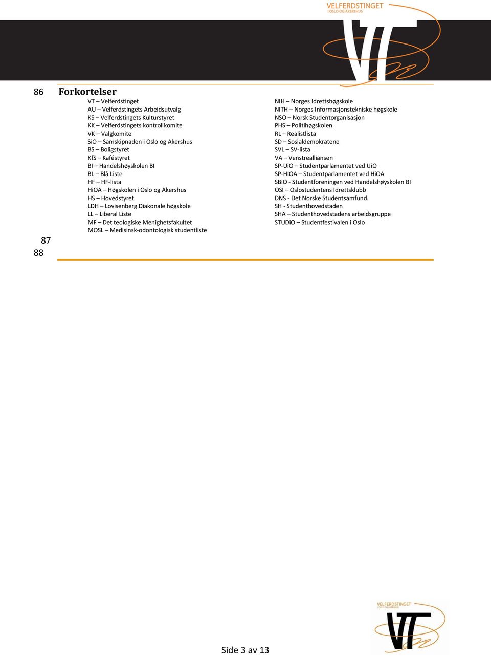 Menighetsfakultet MOSL Medisinsk-odontologisk studentliste NIH Norges Idrettshøgskole NITH Norges Informasjonstekniske høgskole NSO Norsk Studentorganisasjon PHS Politihøgskolen RL Realistlista SD