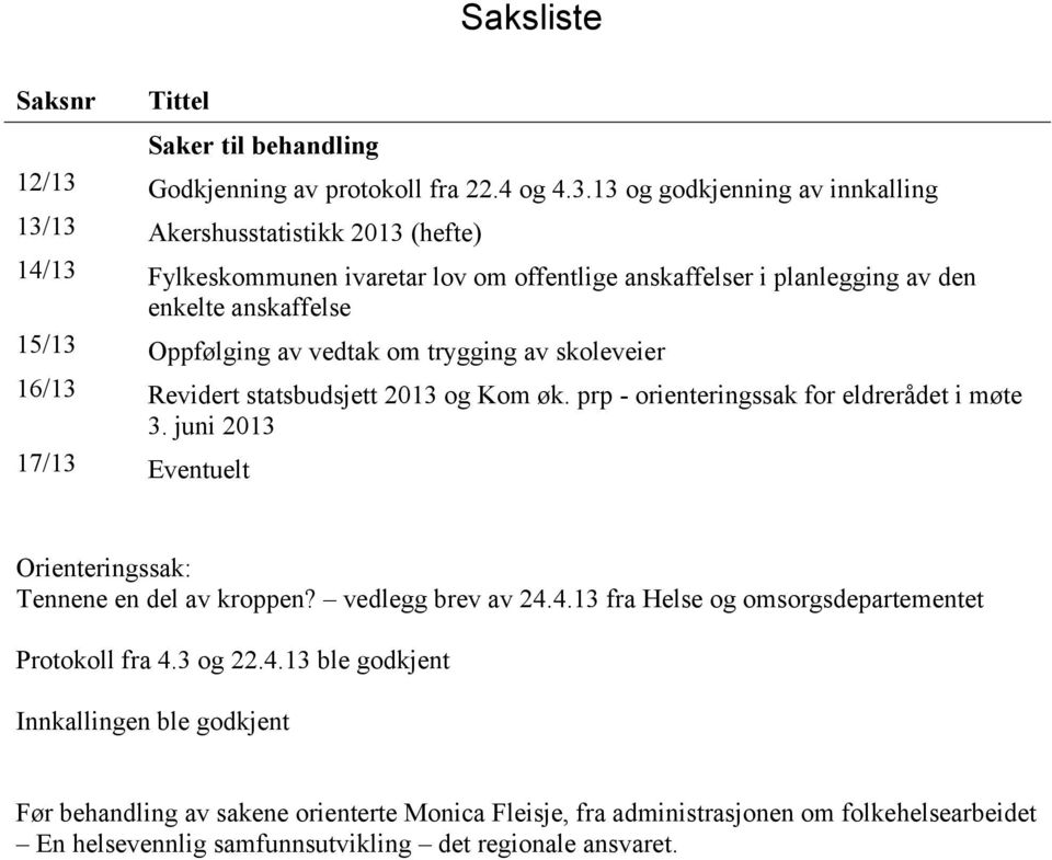 13 og godkjenning av innkalling 13/13 Akershusstatistikk 2013 (hefte) 14/13 Fylkeskommunen ivaretar lov om offentlige anskaffelser i planlegging av den enkelte anskaffelse 15/13 Oppfølging