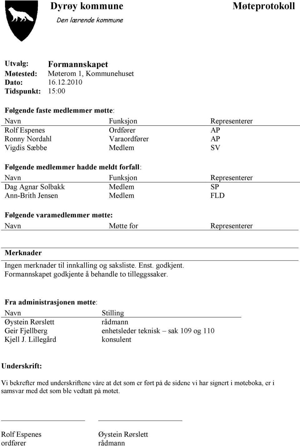 Navn Funksjon Representerer Dag Agnar Solbakk Medlem SP Ann-Brith Jensen Medlem FLD Følgende varamedlemmer møtte: Navn Møtte for Representerer Merknader Ingen merknader til innkalling og saksliste.