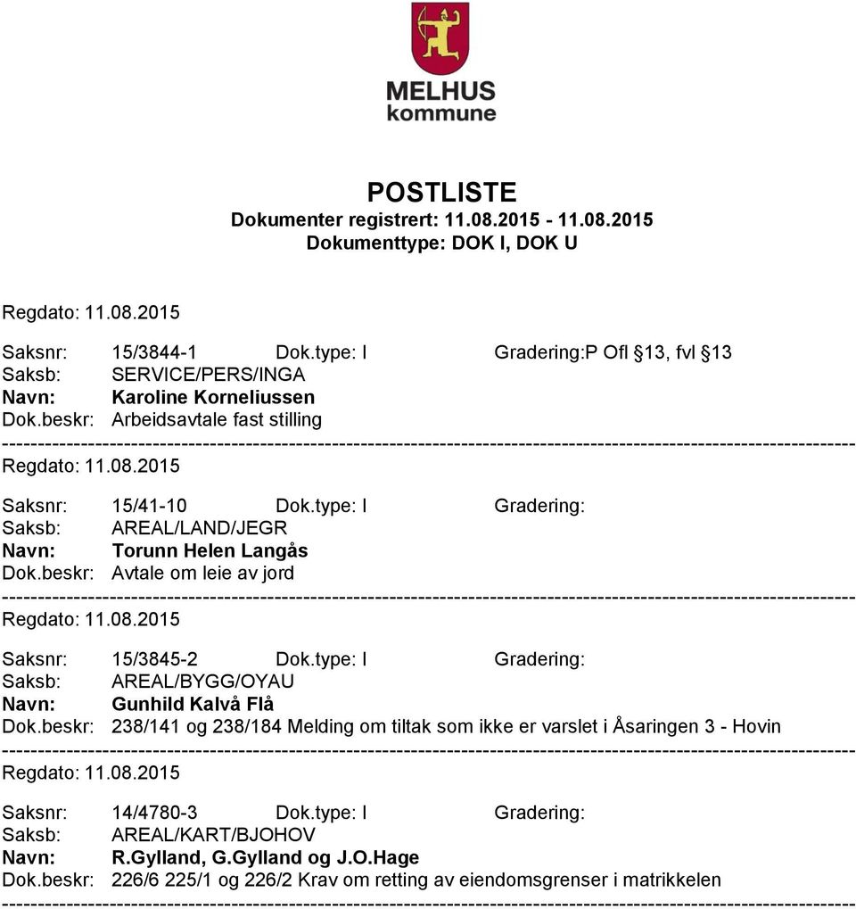 type: I Gradering: Saksb: AREAL/BYGG/OYAU Navn: Gunhild Kalvå Flå Dok.