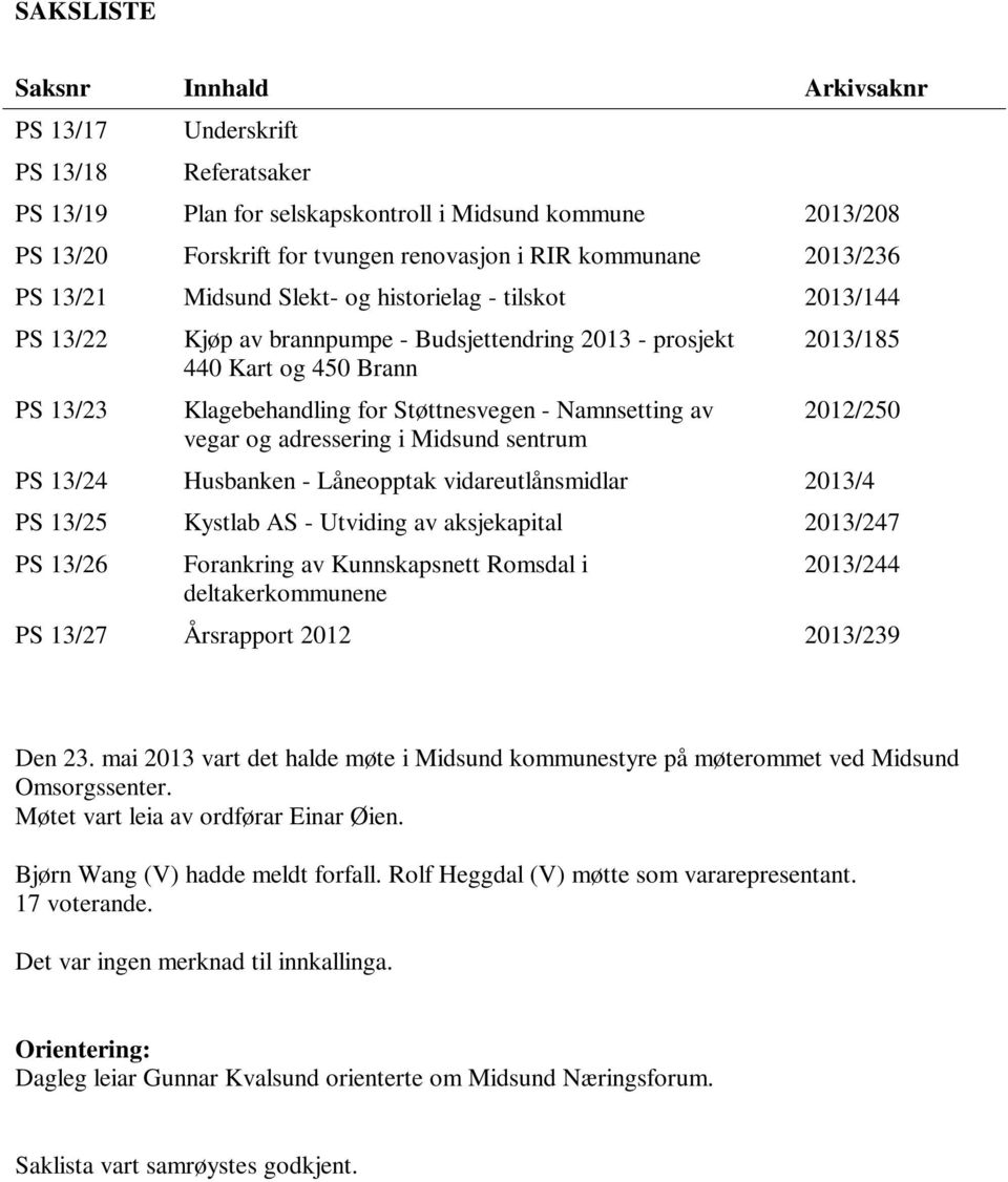 Namnsetting av vegar og adressering i Midsund sentrum 2013/185 2012/250 PS 13/24 Husbanken - Låneopptak vidareutlånsmidlar 2013/4 PS 13/25 Kystlab AS - Utviding av aksjekapital 2013/247 PS 13/26