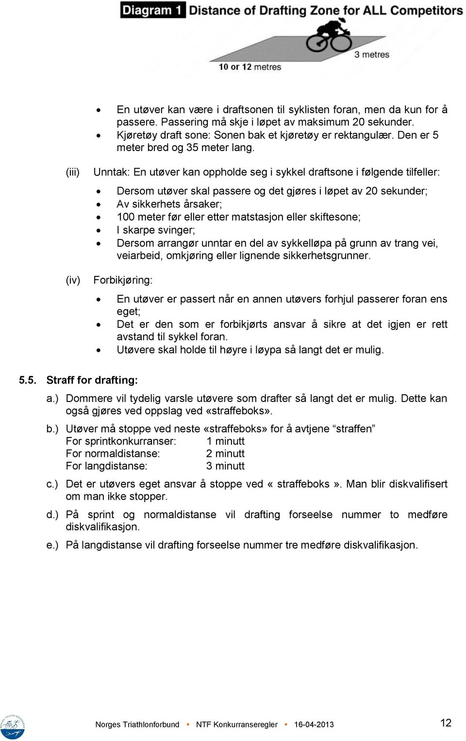 (iv) Unntak: En utøver kan oppholde seg i sykkel draftsone i følgende tilfeller: Dersom utøver skal passere og det gjøres i løpet av 20 sekunder; Av sikkerhets årsaker; 100 meter før eller etter