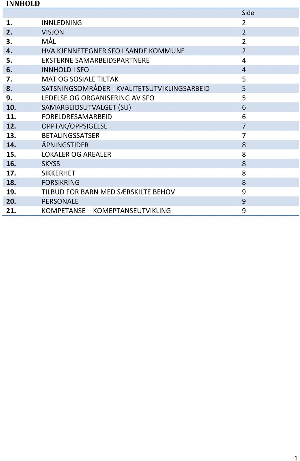 SAMARBEIDSUTVALGET (SU) 6 11. FORELDRESAMARBEID 6 12. OPPTAK/OPPSIGELSE 7 13. BETALINGSSATSER 7 14. ÅPNINGSTIDER 8 15.