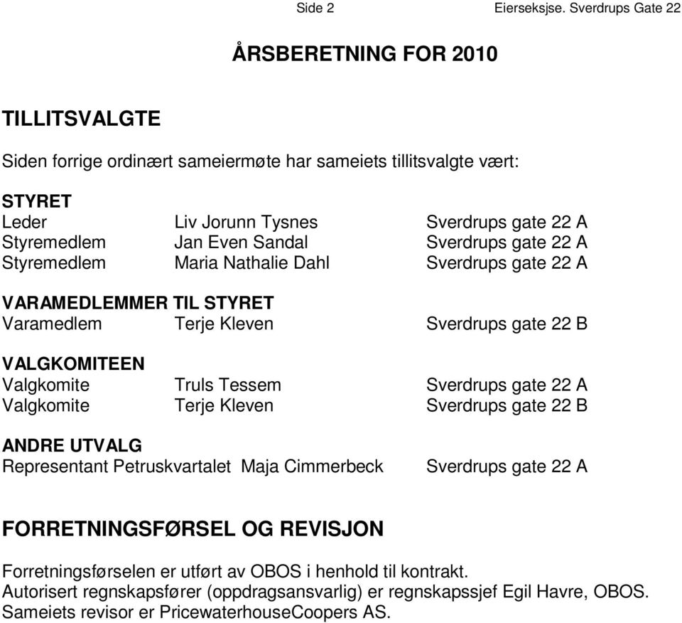 Sverdrups gate 22 A S t y r e m e d l Jan e m Even Sandal Sverdrups gate 22 A S t y r e m e d l Maria e m Nathalie Dahl Sverdrups gate 22 A V A R A M E D L E M M E R T I L S T Y R E T V a r a m e d l