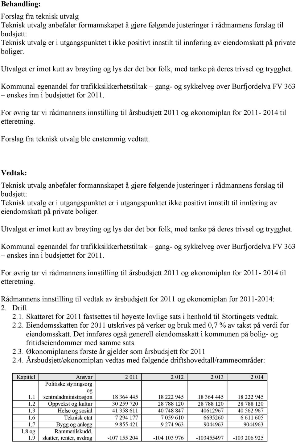 Kommunal egenandel for trafikksikkerhetstiltak gang- og sykkelveg over Burfjordelva FV 363 ønskes inn i budsjettet for 2011.