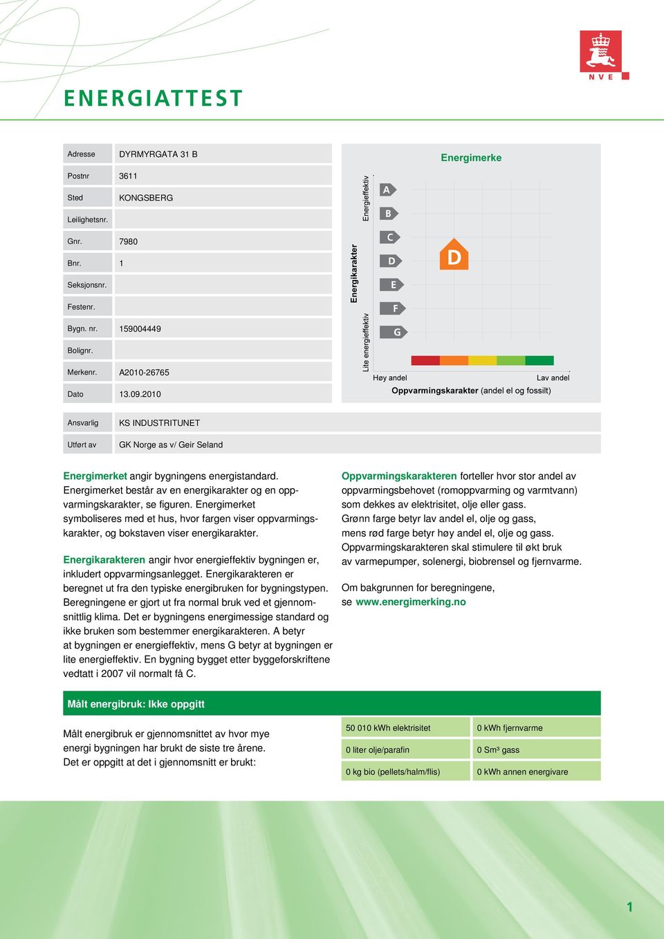 Energimerket symboliseres med et hus, hvor fargen viser oppvarmingskarakter, og bokstaven viser energikarakter. Energikarakteren angir hvor energieffektiv bygningen er, inkludert oppvarmingsanlegget.