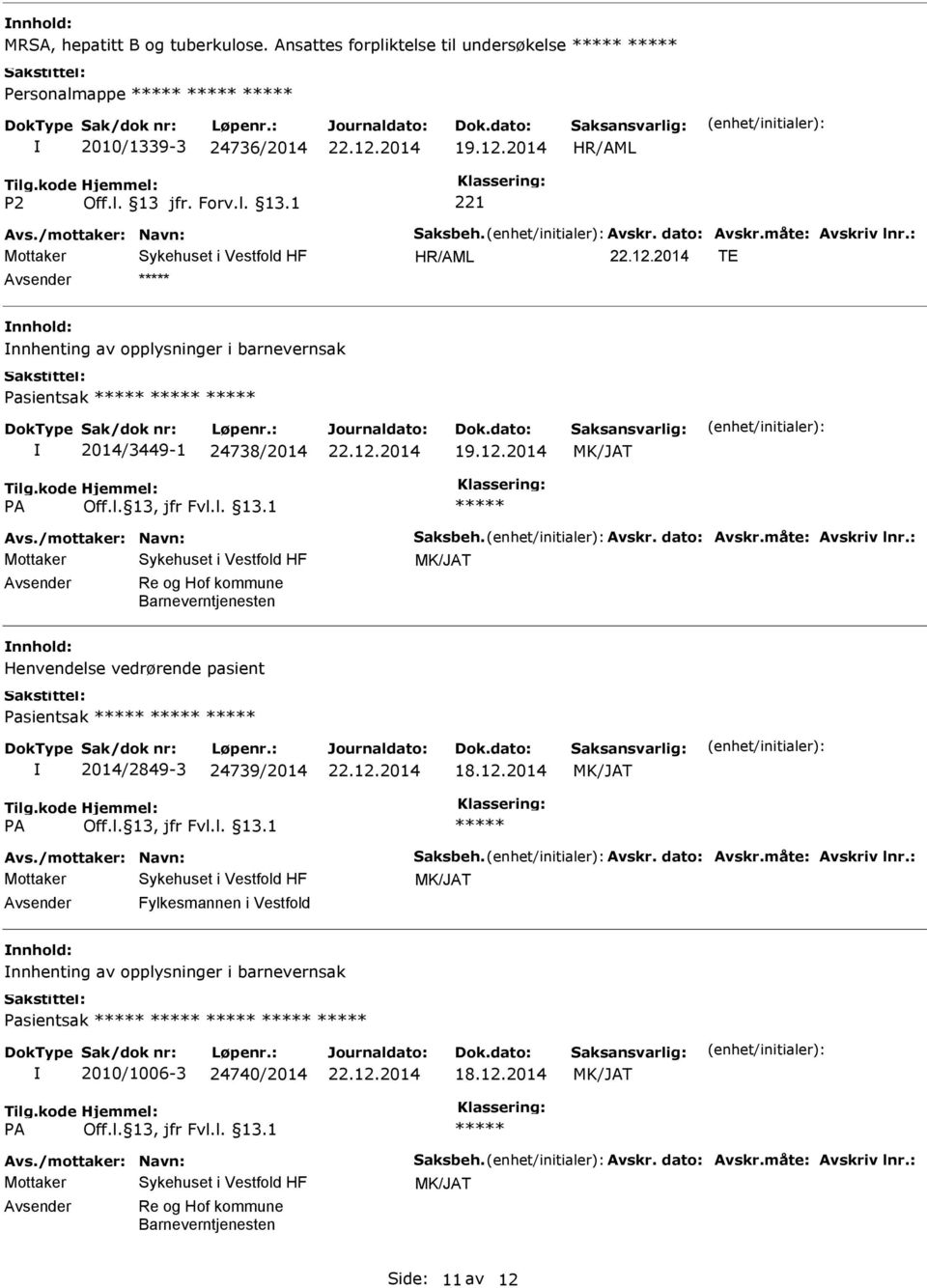 /mottaker: Navn: Saksbeh. Avskr. dato: Avskr.måte: Avskriv lnr.: Fylkesmannen i Vestfold nnhenting av opplysninger i barnevernsak Pasientsak 2010/1006-3 24740/2014 Avs.