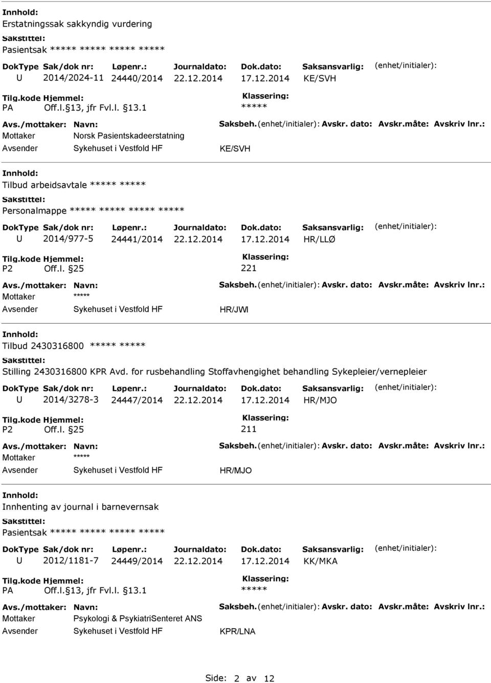 : Mottaker HR/JW Tilbud 2430316800 Stilling 2430316800 KPR Avd. for rusbehandling Stoffavhengighet behandling Sykepleier/vernepleier 2014/3278-3 24447/2014 HR/MJO 211 Avs./mottaker: Navn: Saksbeh.